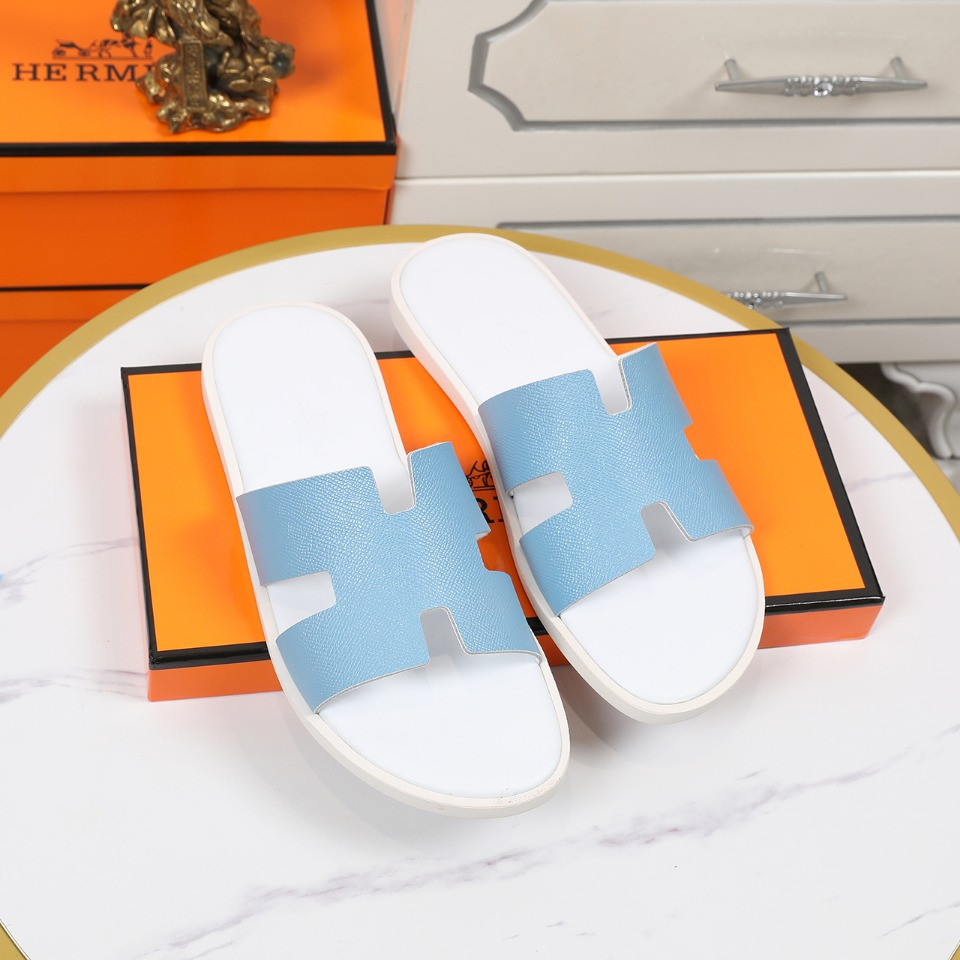 Hermes Izmir Sandal In Light Blue Grain Leather And White Insole