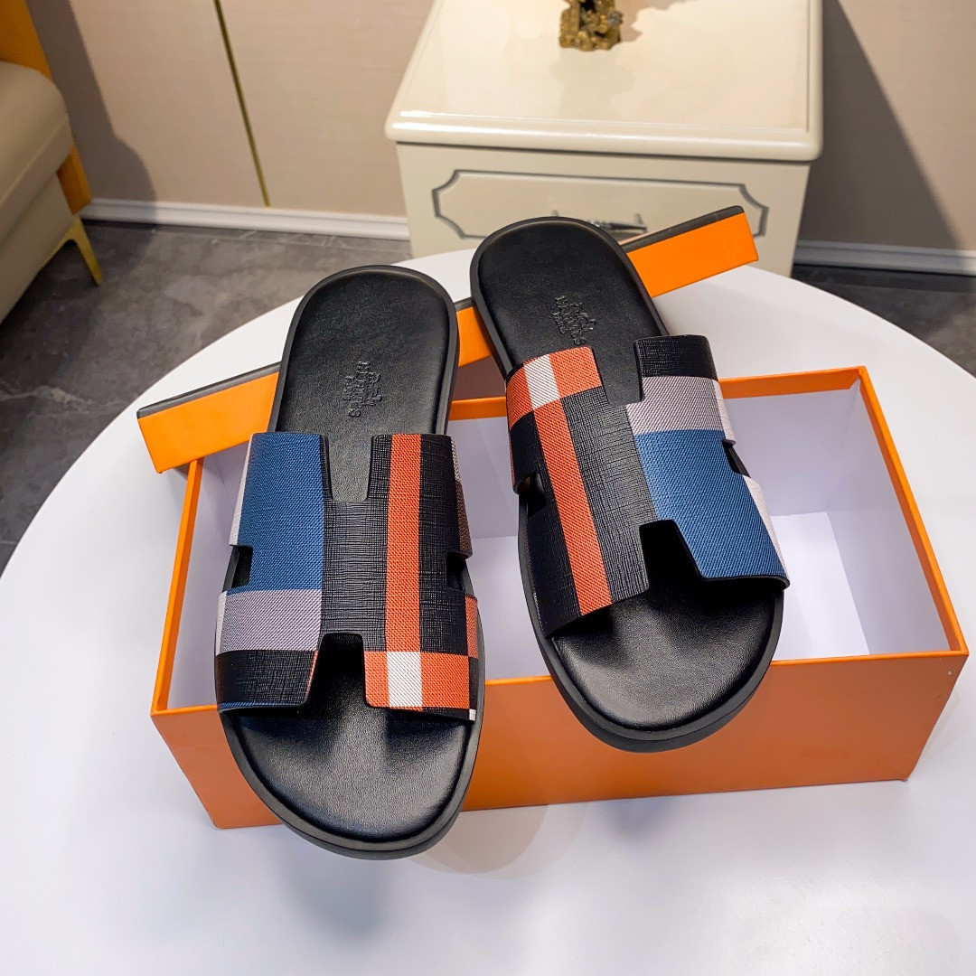 Hermes Izmir Sandal Intercolor Splicing Epsom Calfskin In Black/Blue/Orange