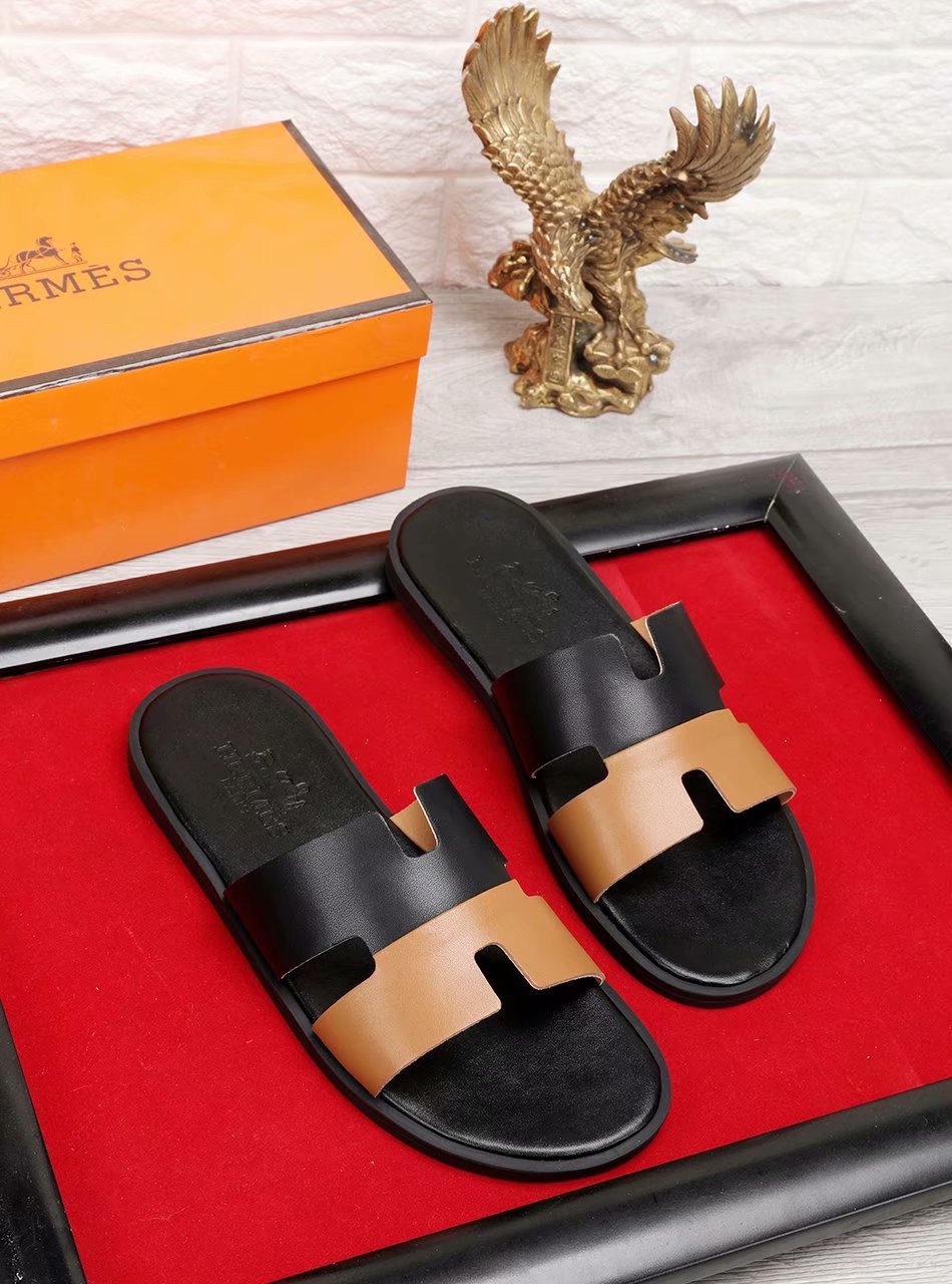 Hermes Izmir Sandal Leather Two-Tone In Black And Brown