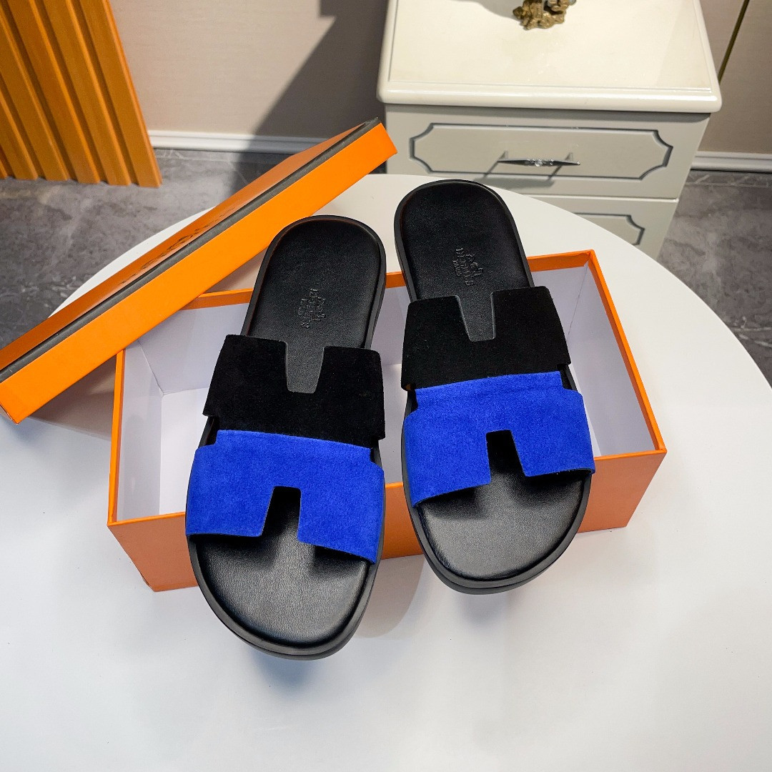 Hermes Izmir Sandal Suede Cowhide In Black And Blue