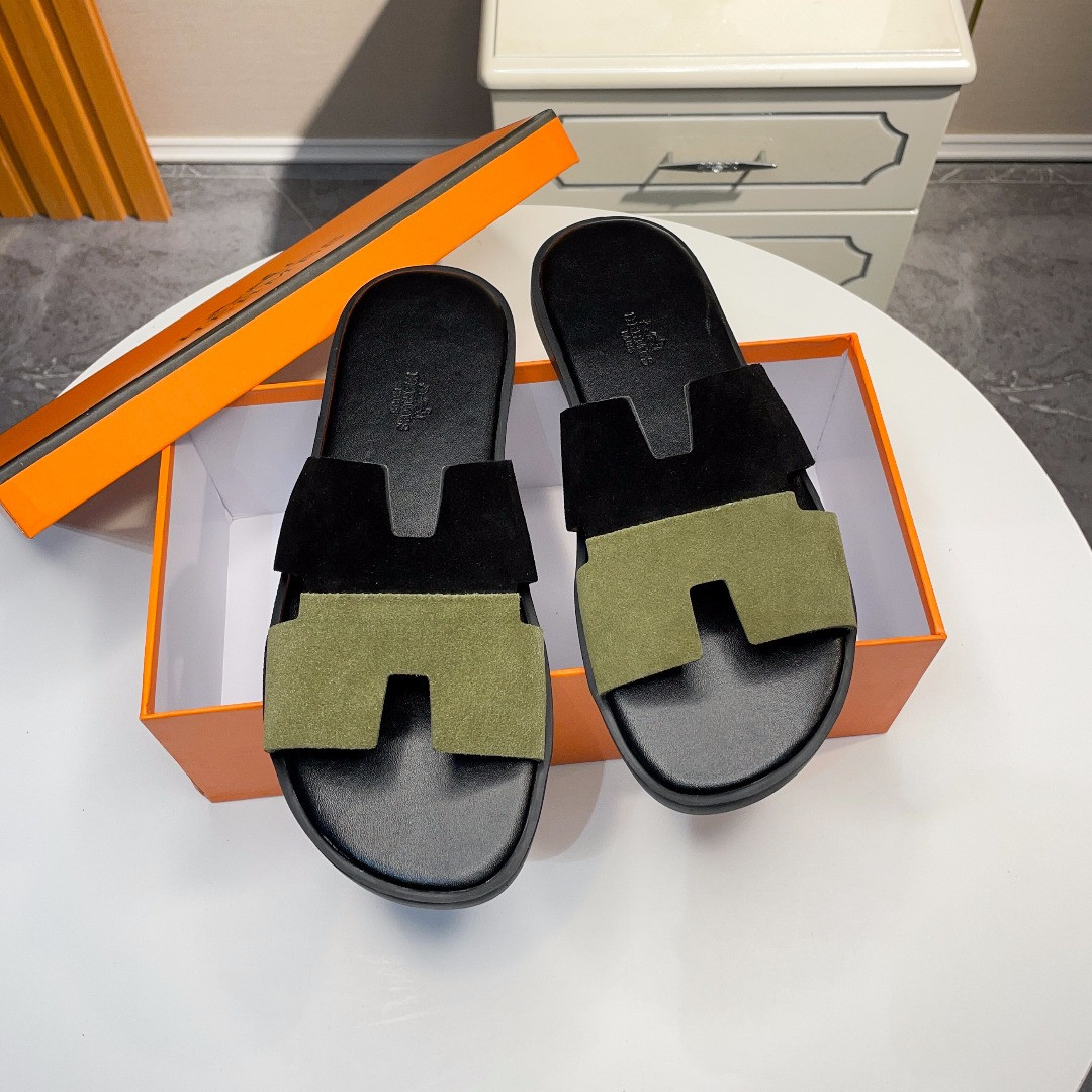 Hermes Izmir Sandal Suede Cowhide In Black And Green