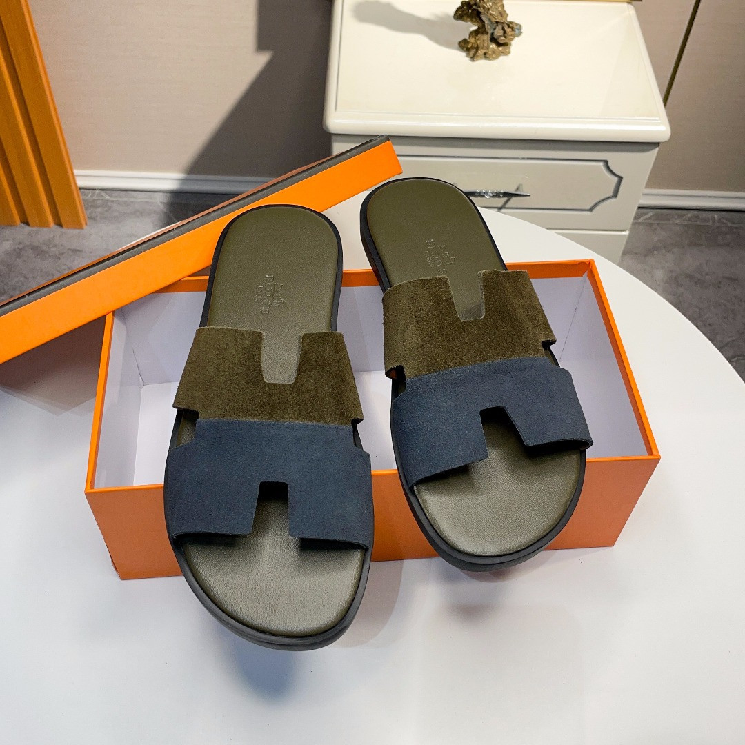 Hermes Izmir Sandal Suede Cowhide In Olive Green And Gray
