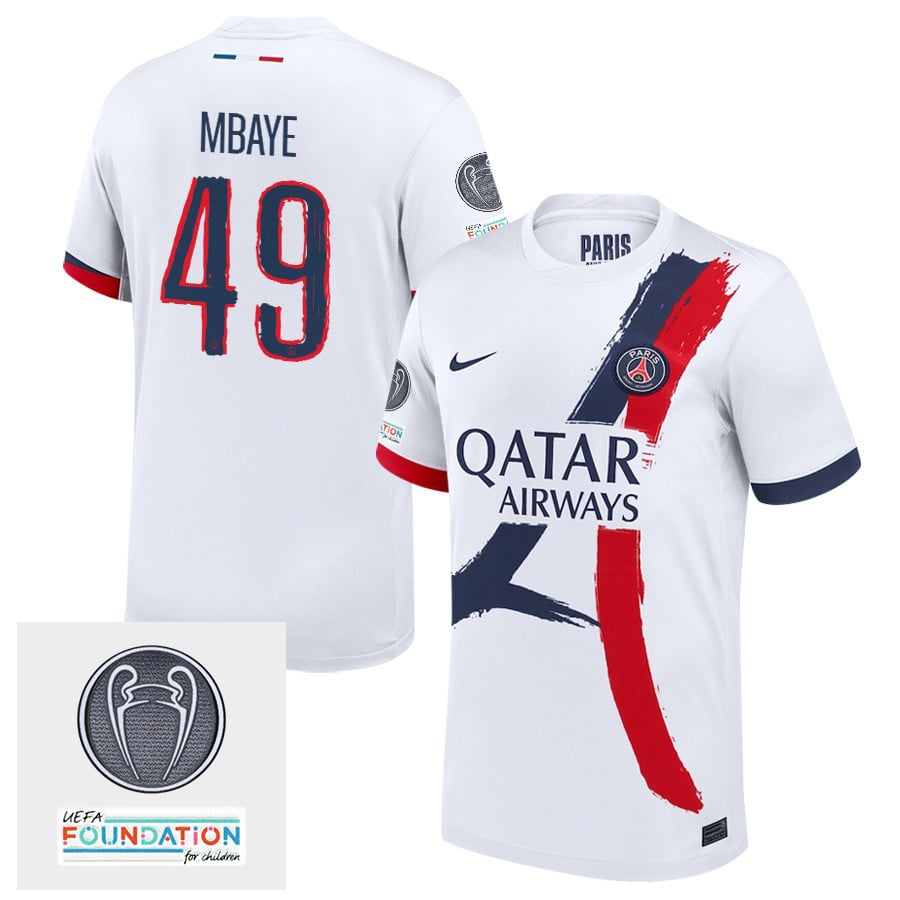Ibrahim Mbaye 49 Paris Saint-Germain UEFA Champions League Titleholder 2024/25 Away Men Jersey - White