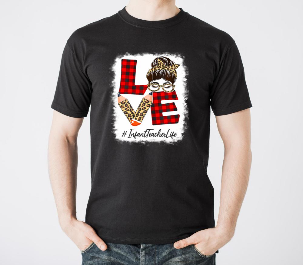 Infant Teacher Love Messy Bun Leopard Buffalo Back - Unisex Standard T-Shirt
