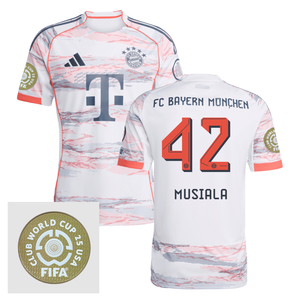 Jamal Musiala 42 Bayern Munich 2025/26 FIFA Club World Cup 25 USA Patch Away Men Jersey - White
