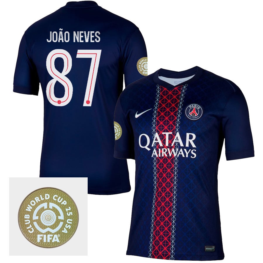 Joo Neves 87 Paris Saint-Germain 2025/26 FIFA Club World Cup 25 USA Patch Home Men Jersey - Navy