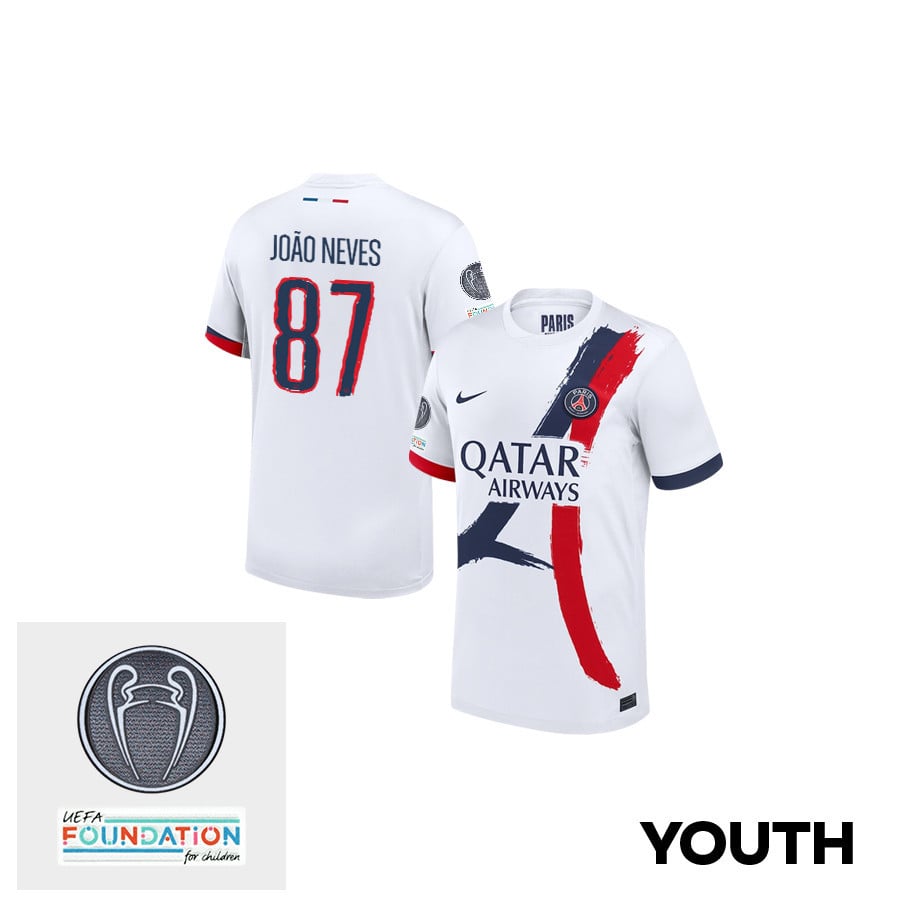 Joo Neves 87 Paris Saint-Germain UEFA Champions League Titleholder 2024/25 Champions Away YOUTH Jersey - White