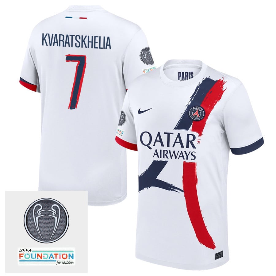 Khvicha Kvaratskhelia 7 Paris Saint-Germain UEFA Champions League Titleholder 2024/25 Away Men Jersey - White