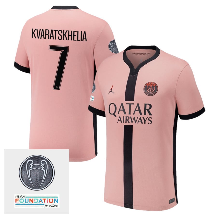 Khvicha Kvaratskhelia 7 Paris Saint-Germain UEFA Champions League Titleholder 2024/25 Third Men Jersey - Pink
