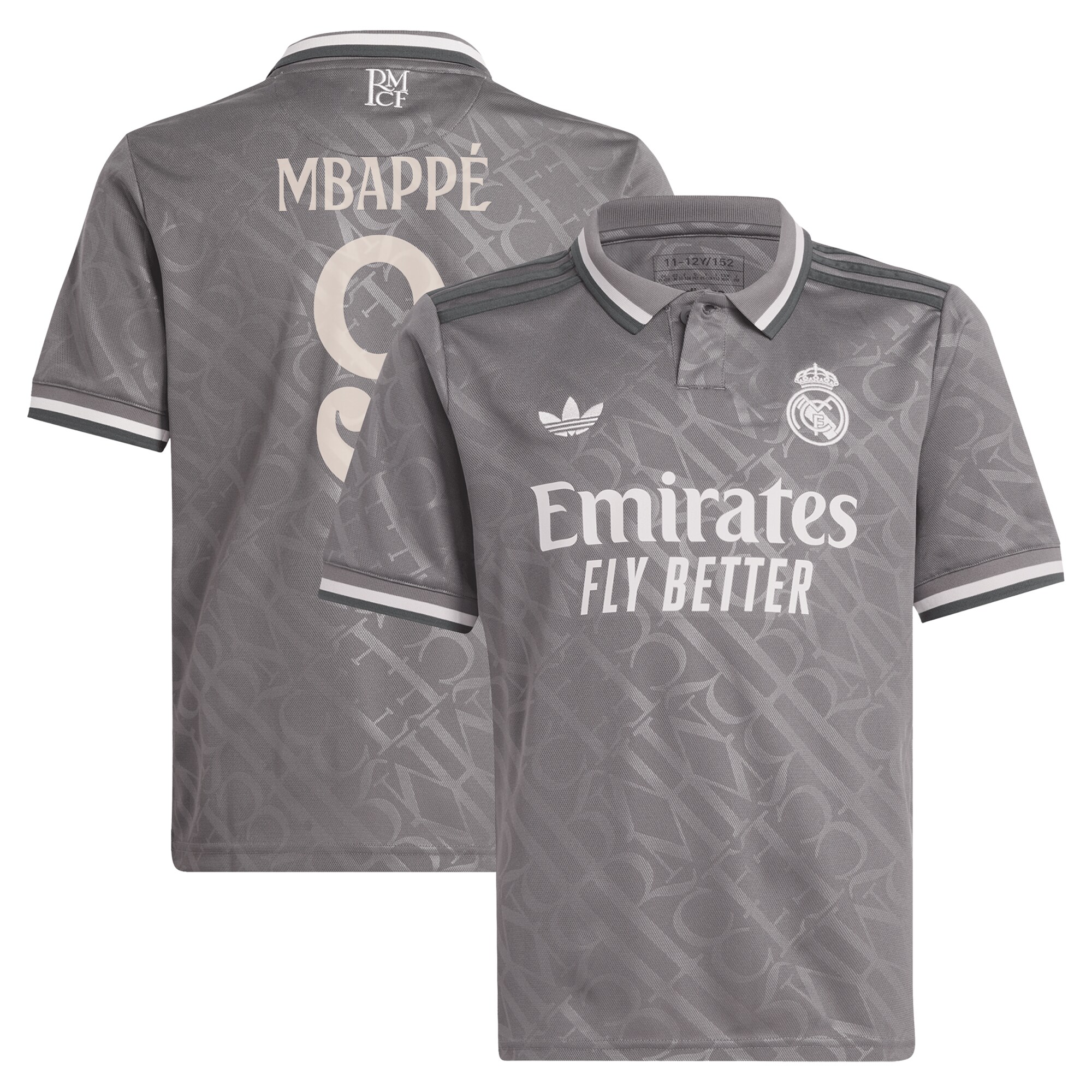 Kylian Mbappe Real Madrid adidas Originals Youth 2024/25 Third Replica Player Jersey - Charcoal