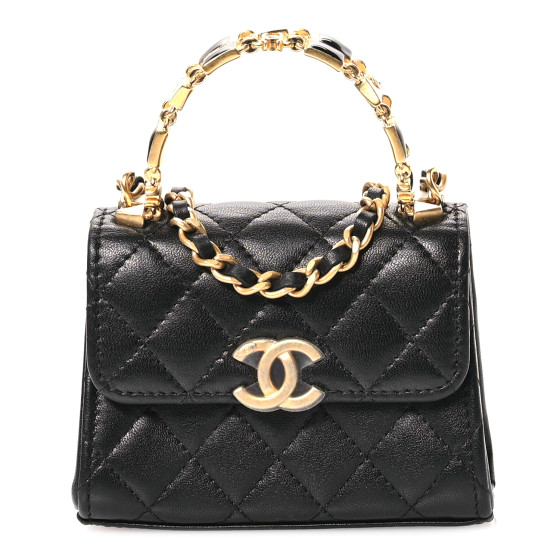 Lambskin Enamel Quilted Mini Top Handle Flap Black