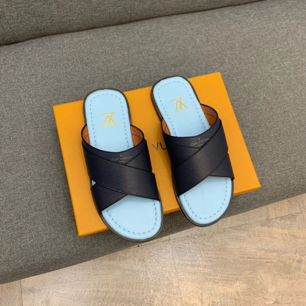 Louis Vuitton Cross Strap Slippers In Black And Light Blue
