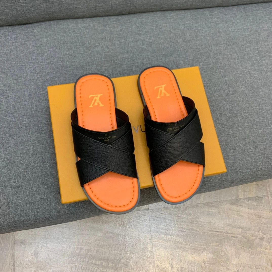 Louis Vuitton Cross Strap Slippers In Black And Orange