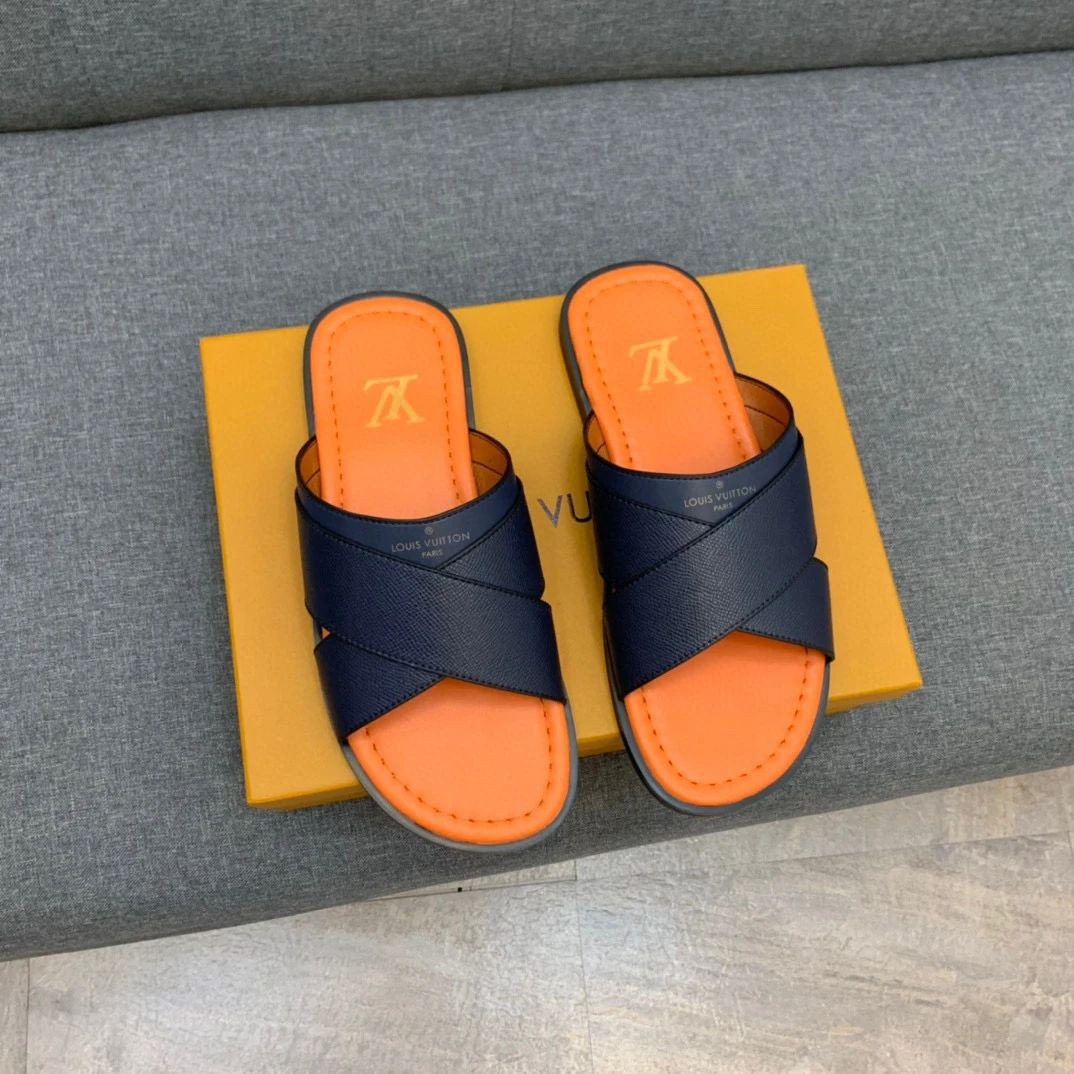 Louis Vuitton Cross Strap Slippers In Navy And Orange
