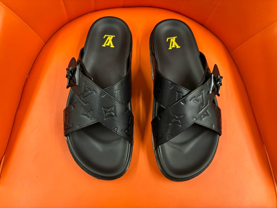Louis Vuitton Cross Straps Mule Slide In Black Debossed