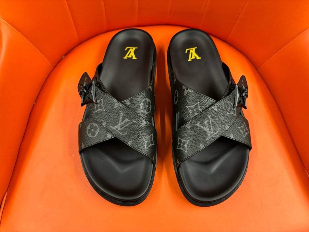 Louis Vuitton Cross Straps Mule Slide In Black Monogram