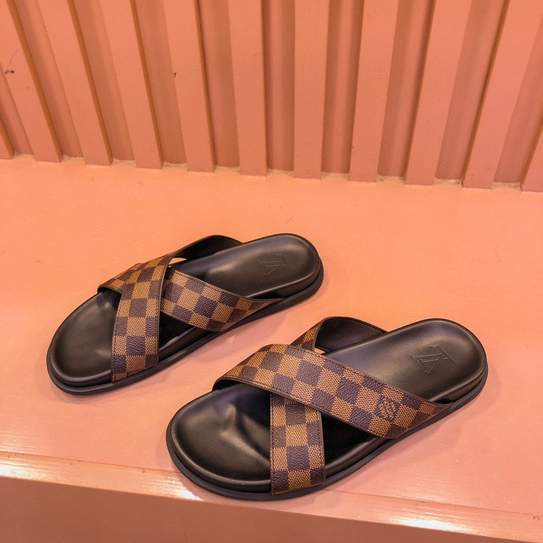 Louis Vuitton Cross Straps Mule Slide In Brown Damier