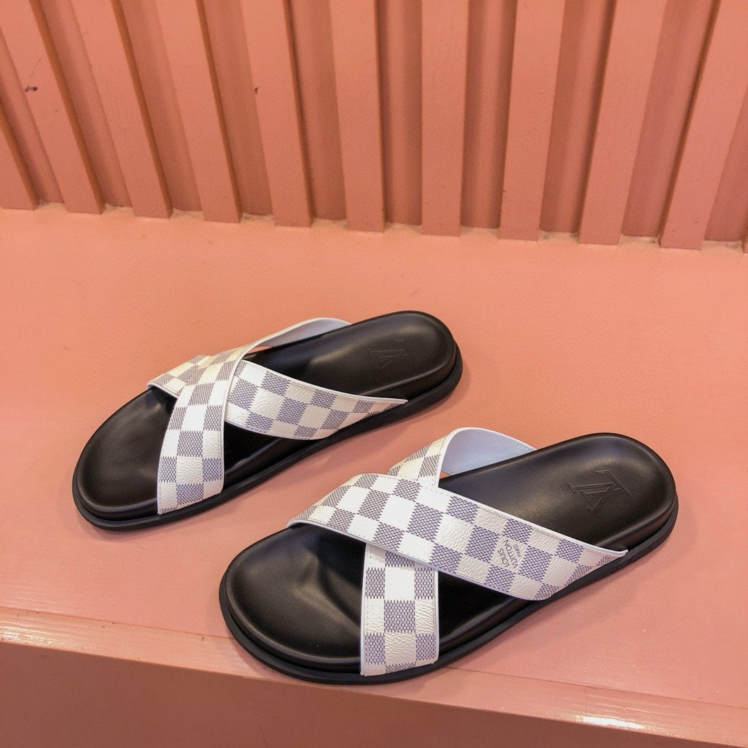 Louis Vuitton Cross Straps Mule Slide In White Damier