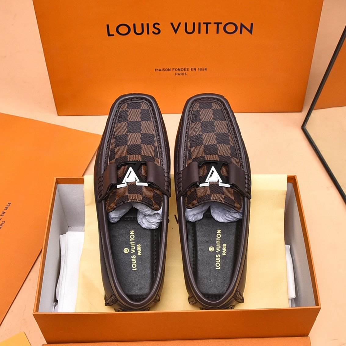 Louis Vuitton Damier LV Initials Moccasin In Wine Leather