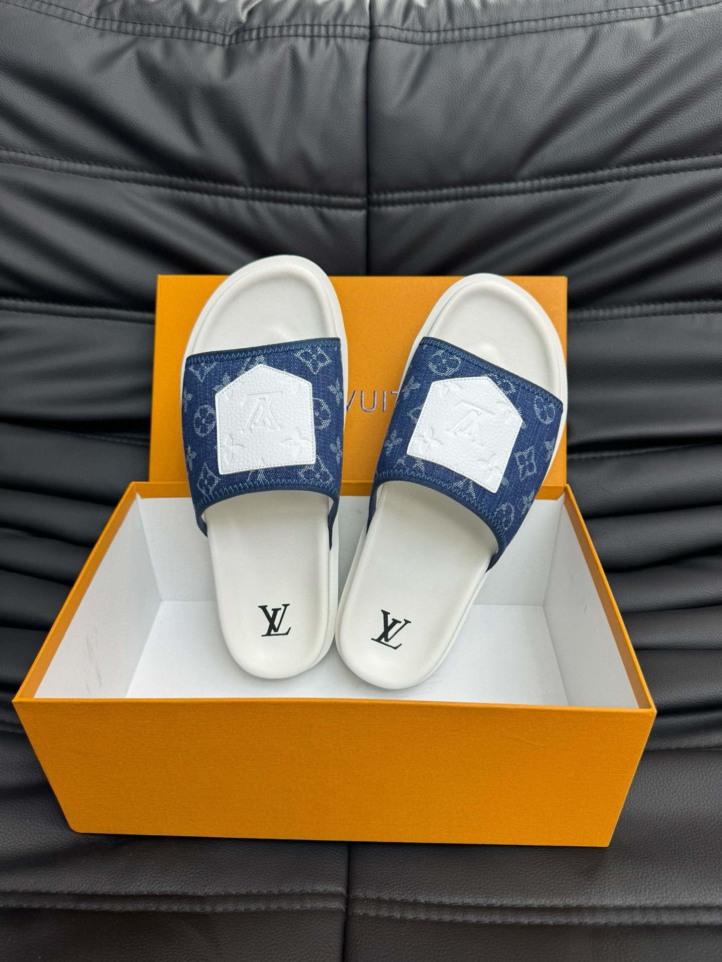 Louis Vuitton Denim Monogram Mule Slides In Blue/White