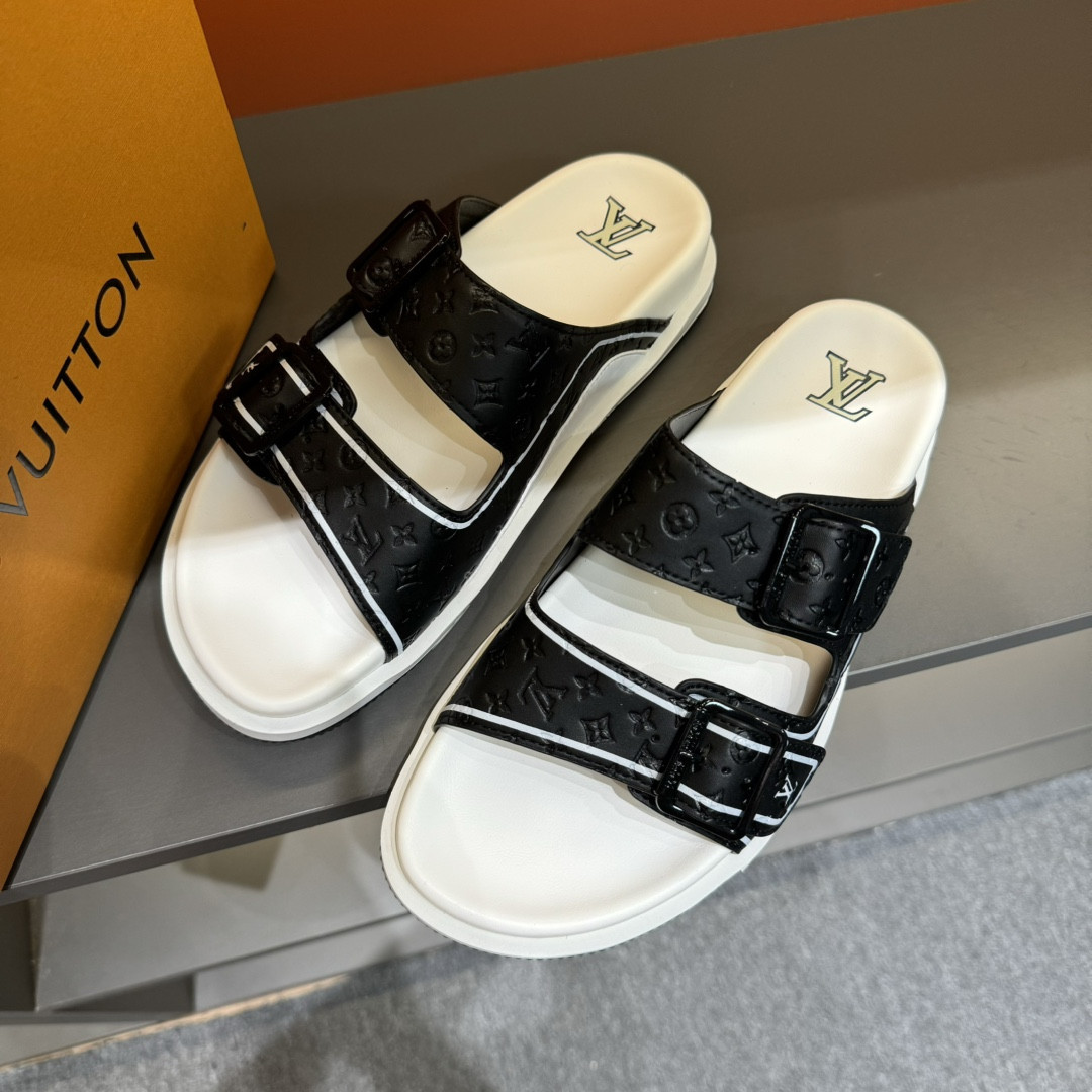 Louis Vuitton Engraved Monogram Birkenstock Sandals Slides In Black/White
