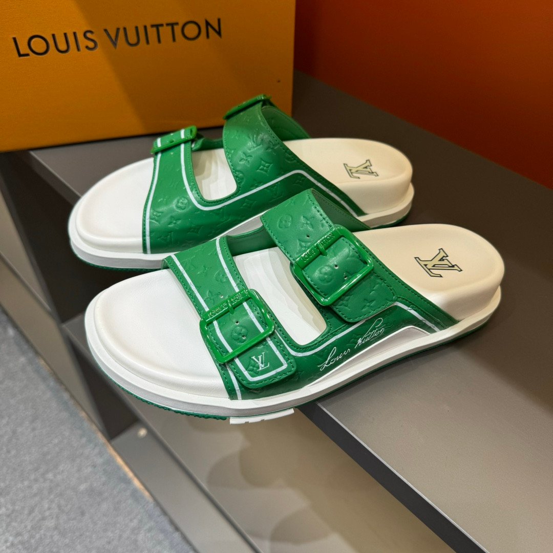 Louis Vuitton Engraved Monogram Birkenstock Sandals Slides In Green/White