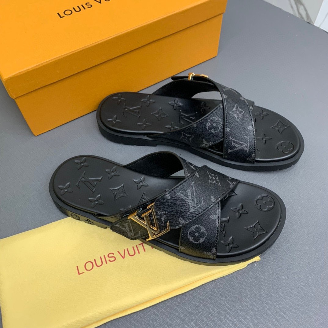Louis Vuitton Foch Mule Slide Embossed Monogram In Black, Men