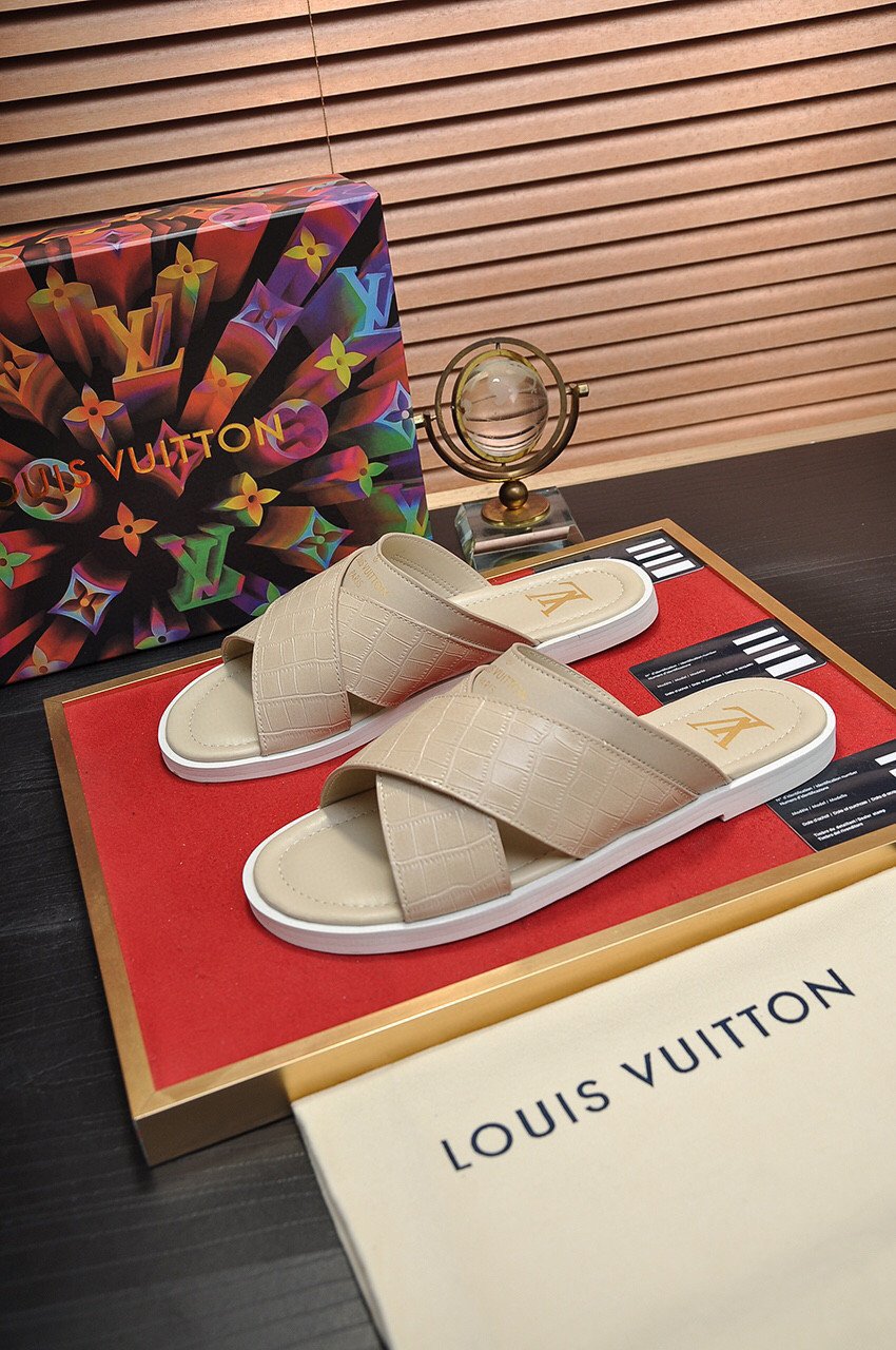 Louis Vuitton Foch Mule Slide In Beige Crocodile Leather, Men