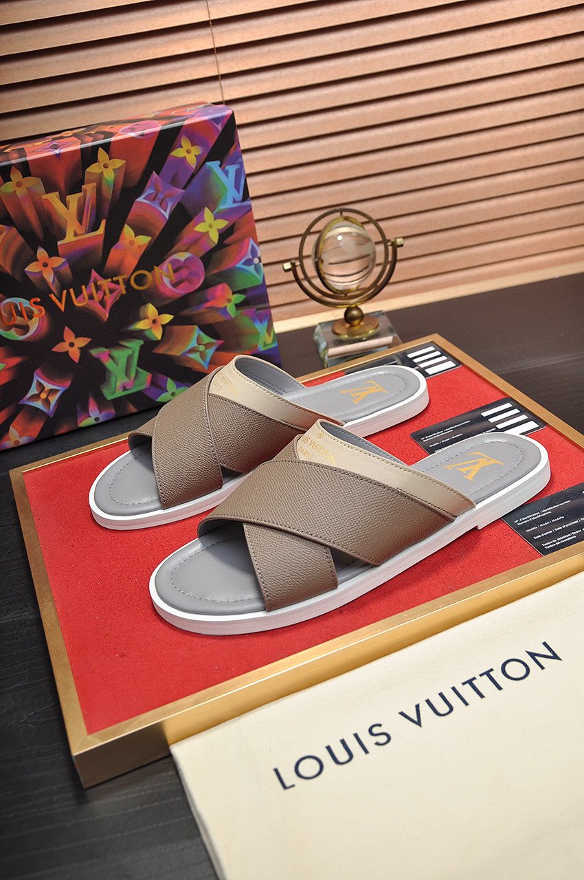 Louis Vuitton Foch Mule Slide In Brown Bicolour Taiga Leather, Men