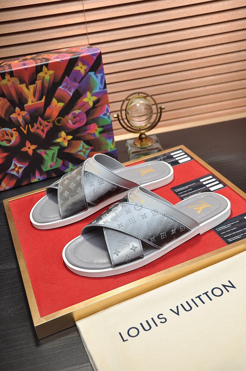 Louis Vuitton Foch Mule Slide In Gray Leather, Men