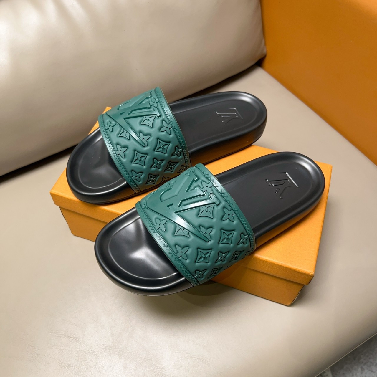 Louis Vuitton Logo Waterfront Mules Slides Monogram-Embossed In Green