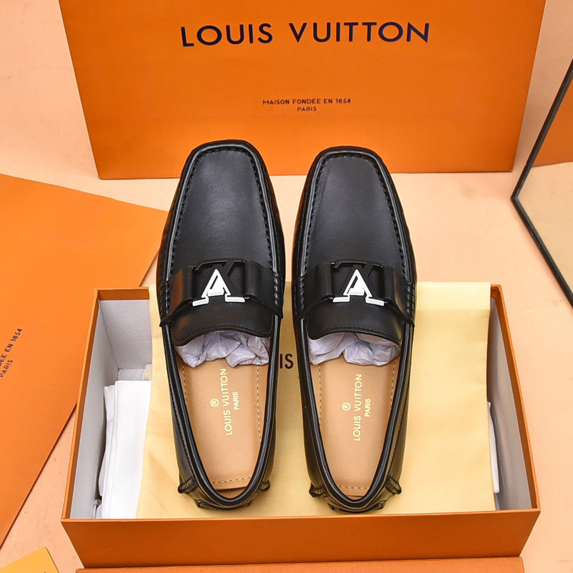Louis Vuitton LV Initials Moccasin In Black Smooth Leather