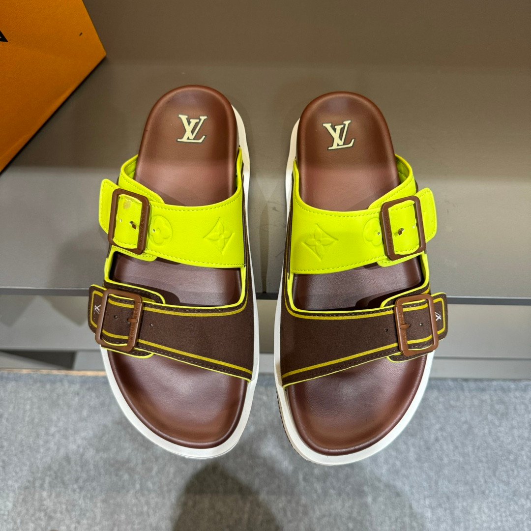 Louis Vuitton LV Trainer Mules Monogram Embossed Leather In Brown/Neon