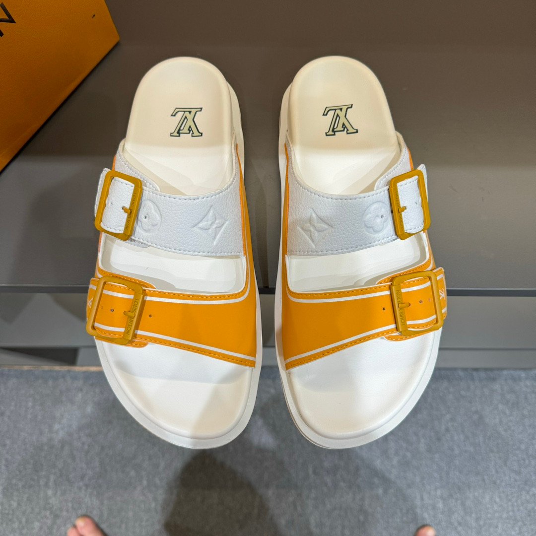 Louis Vuitton LV Trainer Mules Monogram Embossed Leather In White/Orange
