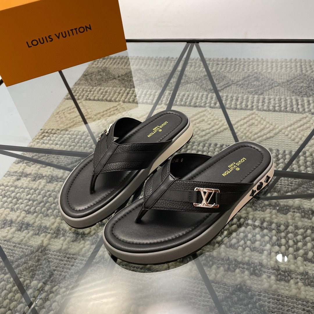 Louis Vuitton Mirabeau Thong Slide In Black LV Initials, Men