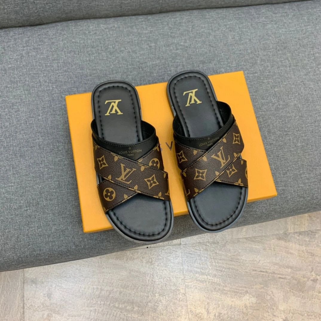 Louis Vuitton Monogram Cross Strap Slippers In Black And Brown
