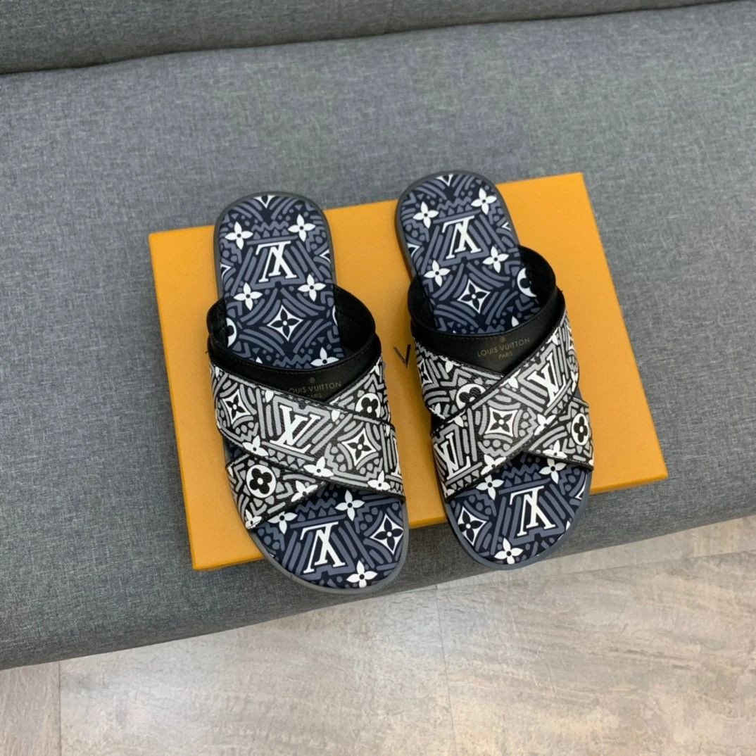 Louis Vuitton Monogram Cross Strap Slippers In Black And White
