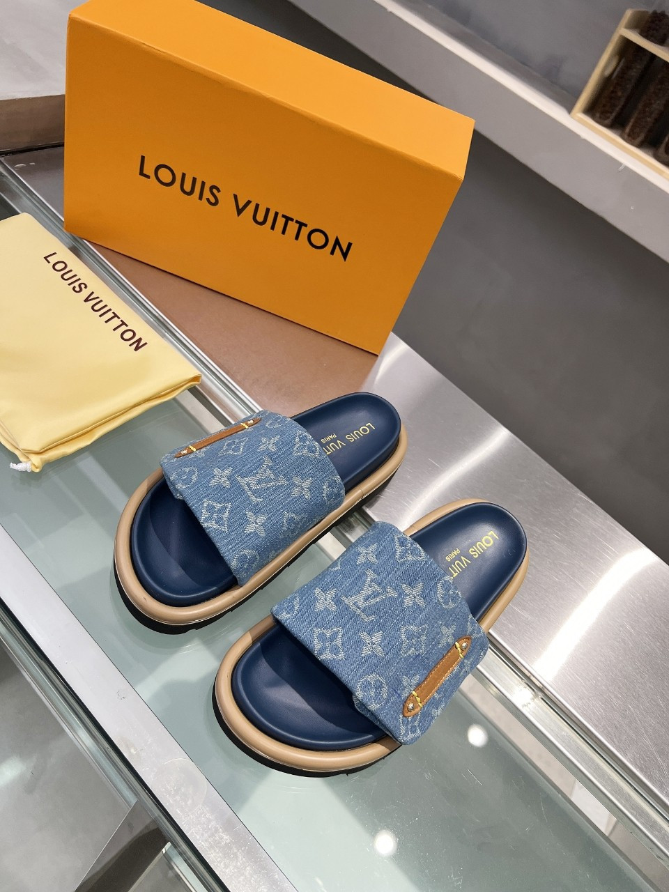 Louis Vuitton Pool Pillow Flat Comfort Mule Monogram In Blue Denim