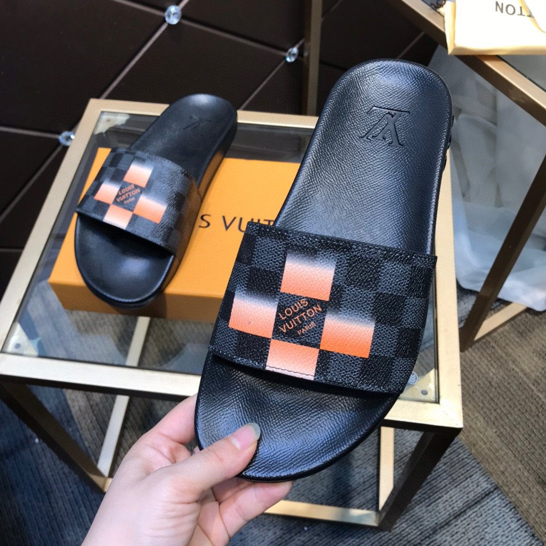 Louis Vuitton Rubber Slide Sandal Damier Graphite With Orange