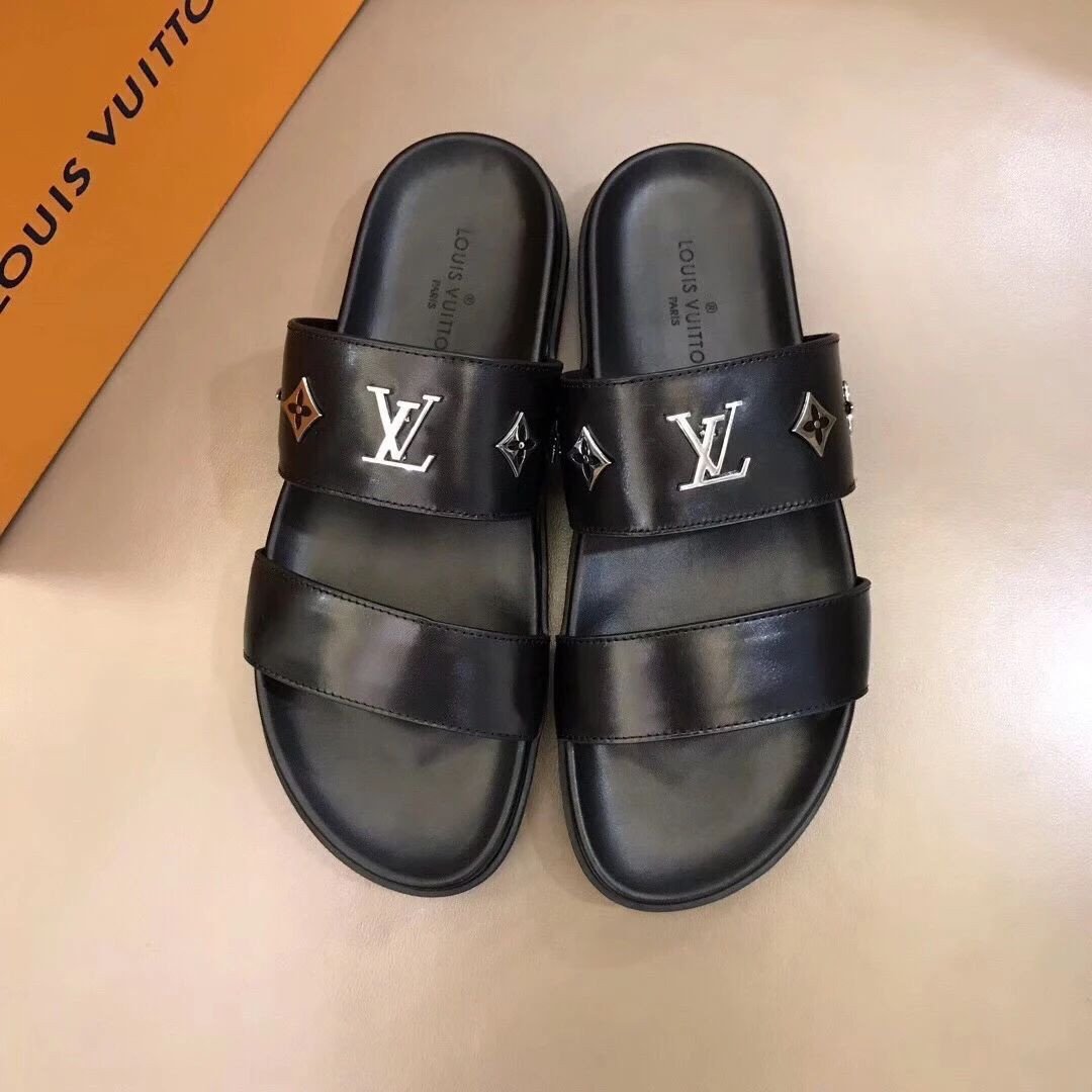 Louis Vuitton Silver Monogram Two Straps Slides In Black