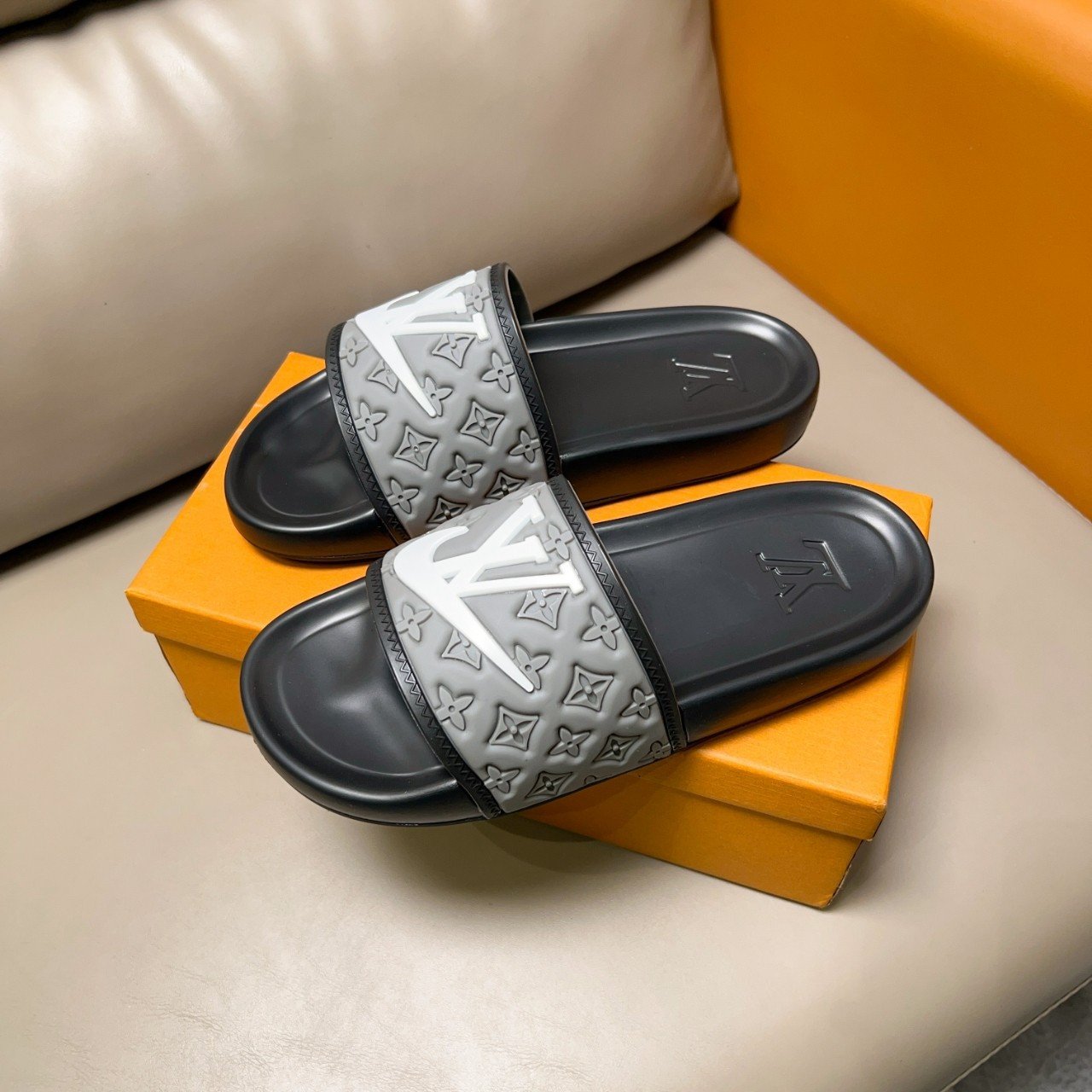 Louis Vuitton White Logo Waterfront Mules Slides Monogram-Embossed In Gray