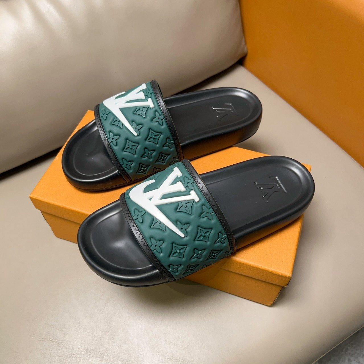 Louis Vuitton White Logo Waterfront Mules Slides Monogram-Embossed In Green