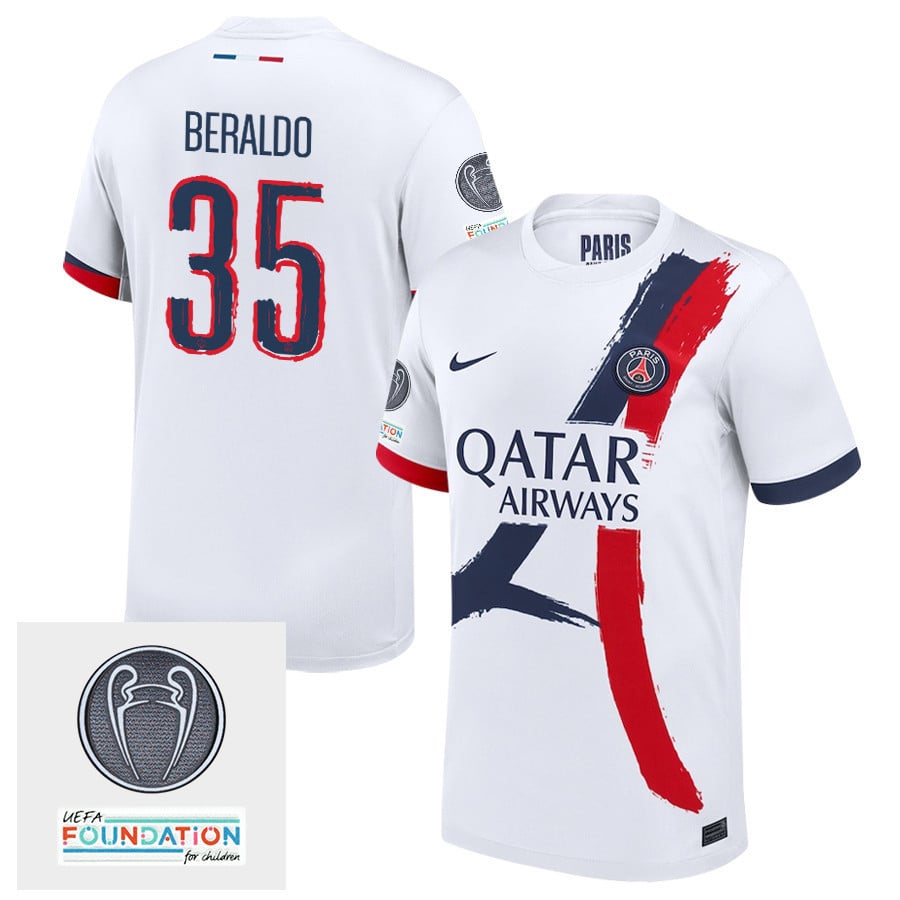 Lucas Beraldo 35 Paris Saint-Germain UEFA Champions League Titleholder 2024/25 Away Men Jersey - White