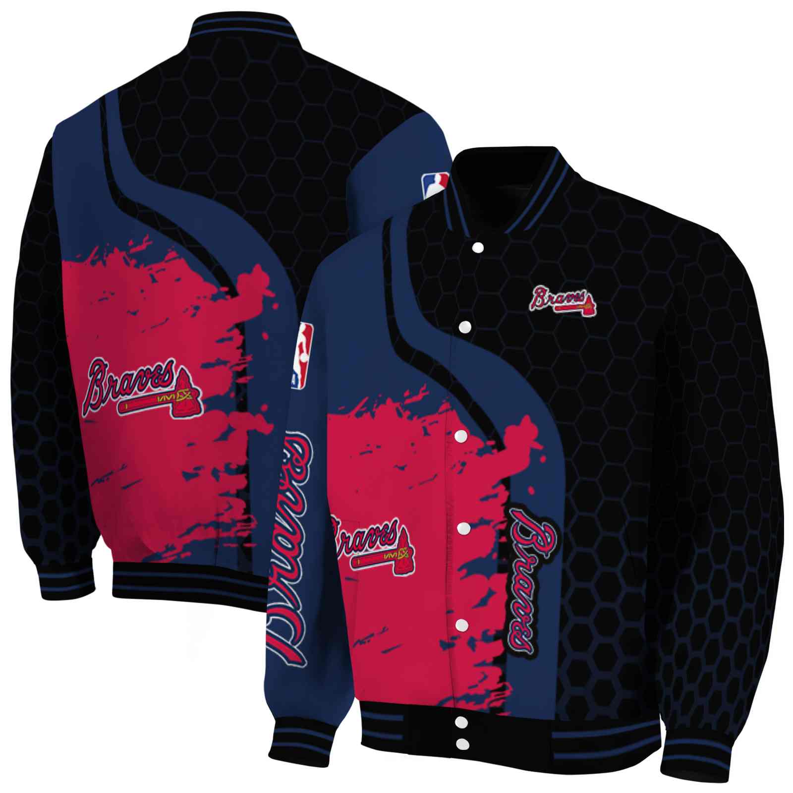 MLB Atlanta Braves Hexagonal Pattern Navy Black Custom Baseball Jacket Sport Fans Gear