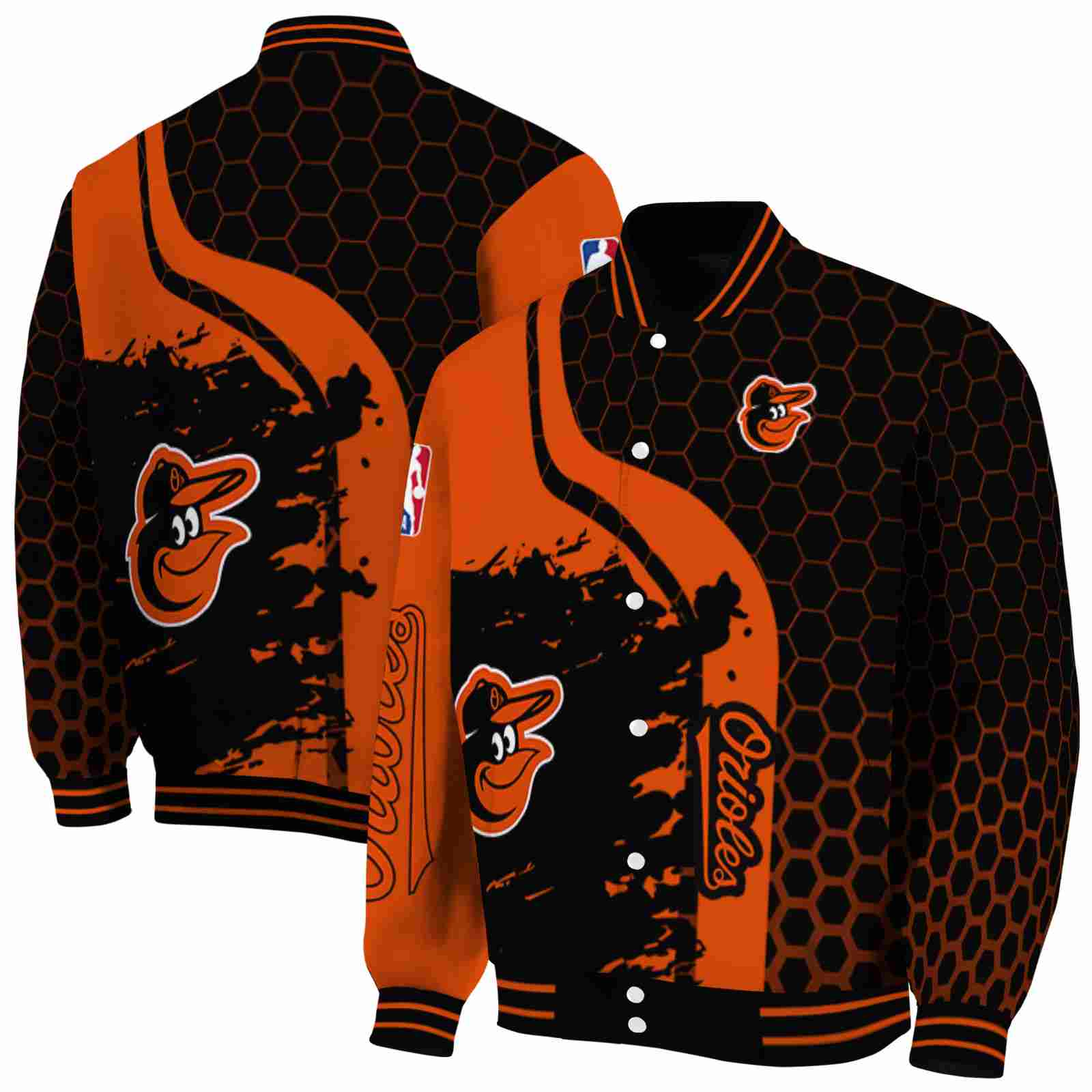 MLB Baltimore Orioles Hexagonal Pattern Orange Black Custom Baseball Jacket Sport Fans Gear