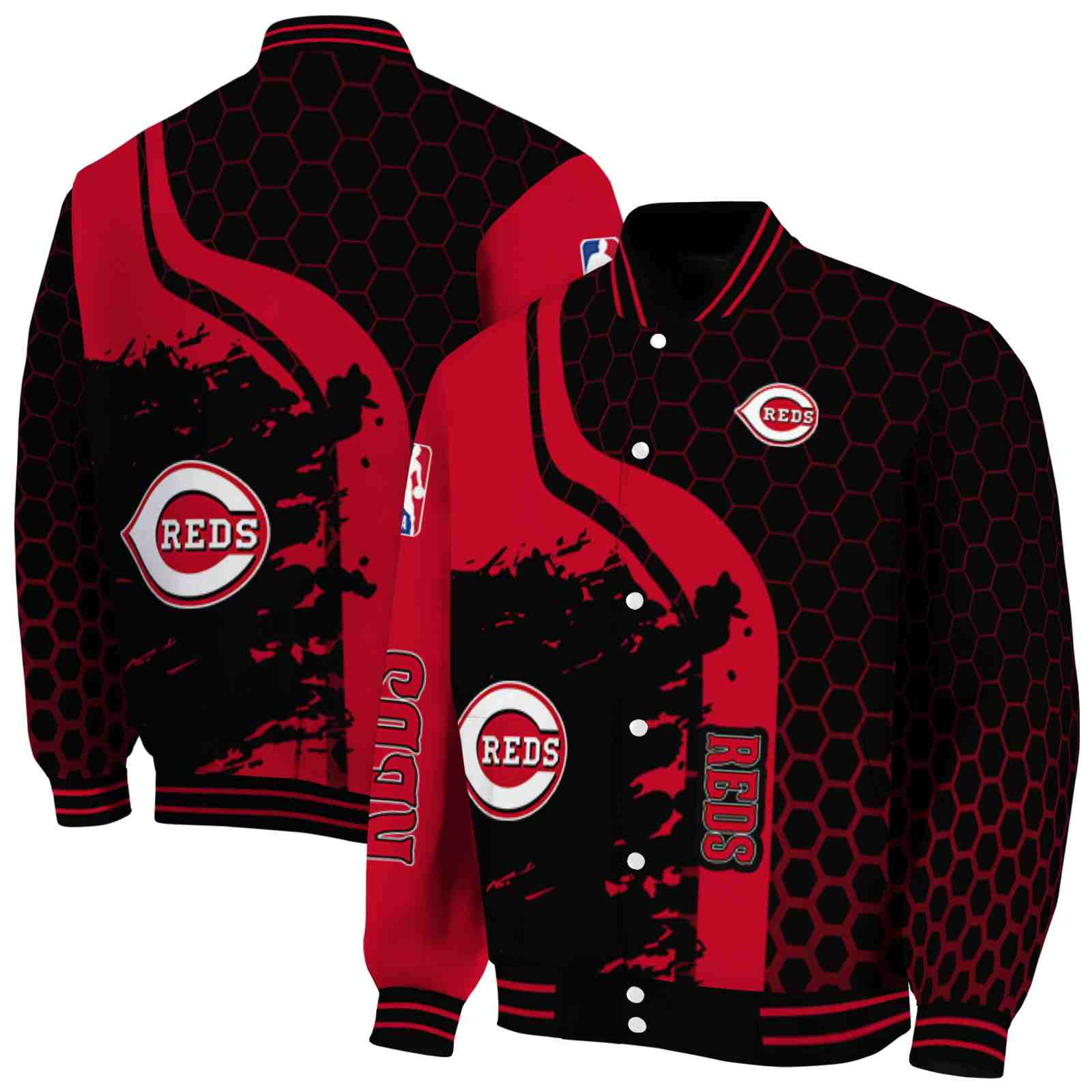 MLB Cincinnati Reds Hexagonal Pattern Red Black Custom Baseball Jacket Sport Fans Gear