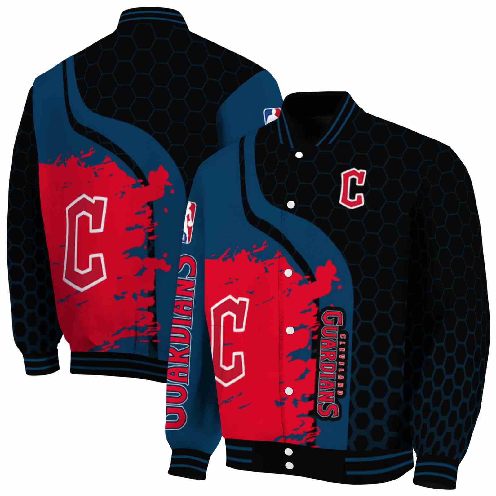 MLB Cleveland Guardians Hexagonal Pattern Navy Blue Black Custom Baseball Jacket Sport Fans Gear