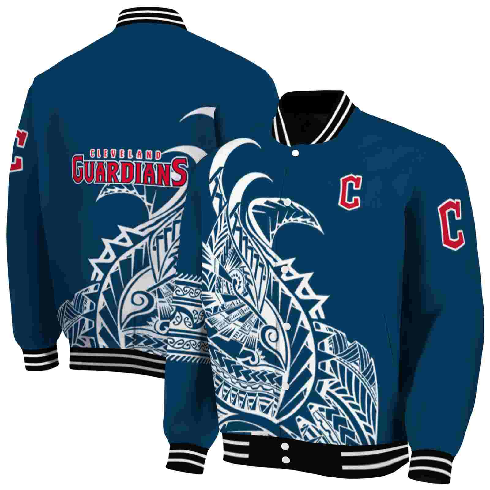 MLB Cleveland Guardians Tribal Art Navy Blue White Black Custom Baseball Jacket Sport Fans Gear