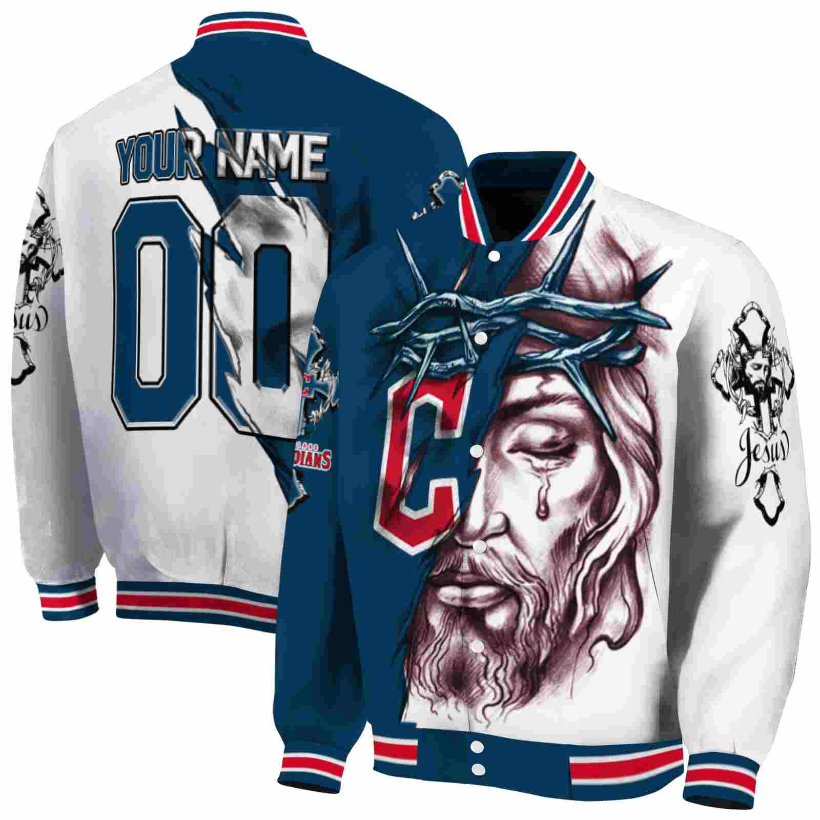 MLB Customized Cleveland Guardians Jesus Tears Navy Blue White Custom Baseball Jacket Sport Fans Gear