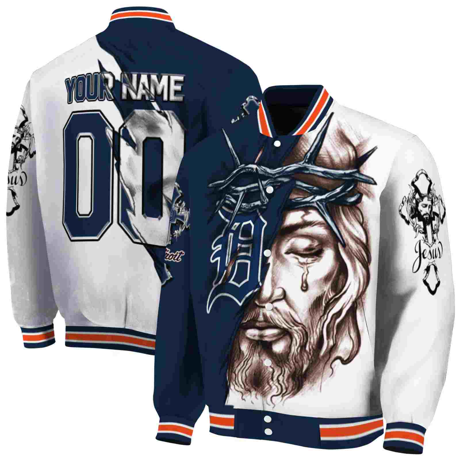 MLB Customized Detroit Tigers Jesus Tears Navy White Custom Baseball Jacket Sport Fans Gear